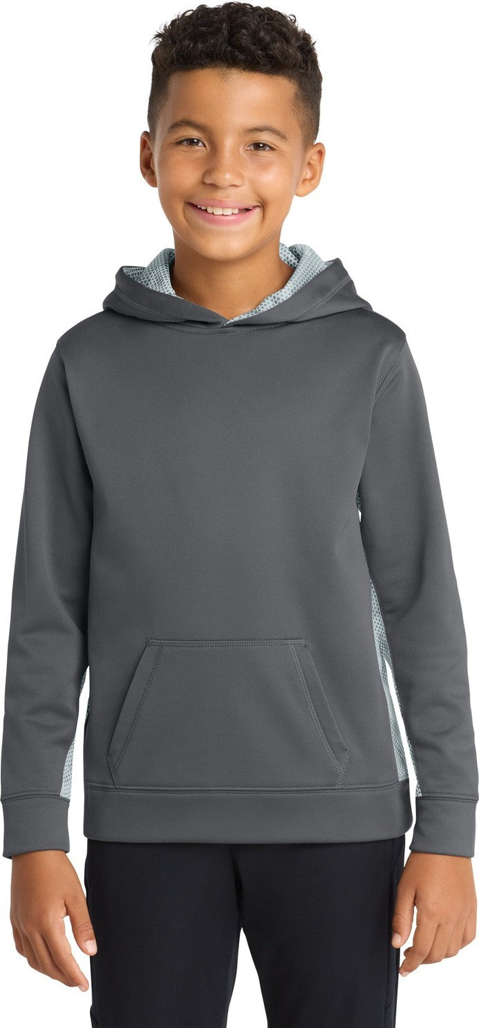 Dk Smk Gy/Wht Sport-Tek Youth Sport-Wick CamoHex Fleece Colorblock Hooded Pullover. YST239