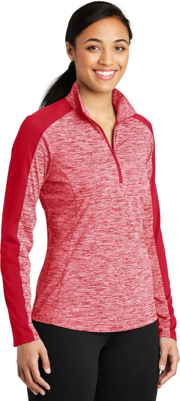 Dp Red E/Dp Rd Sport-Tek Women's PosiCharge Electric Heather Colorblock 1/4-Zip Pullover. LST397