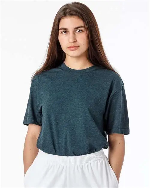 Los Angeles Apparel Ff01 Usa-made 50/50 Poly/cotton T-shirt - Black Aqua - Adult Xs