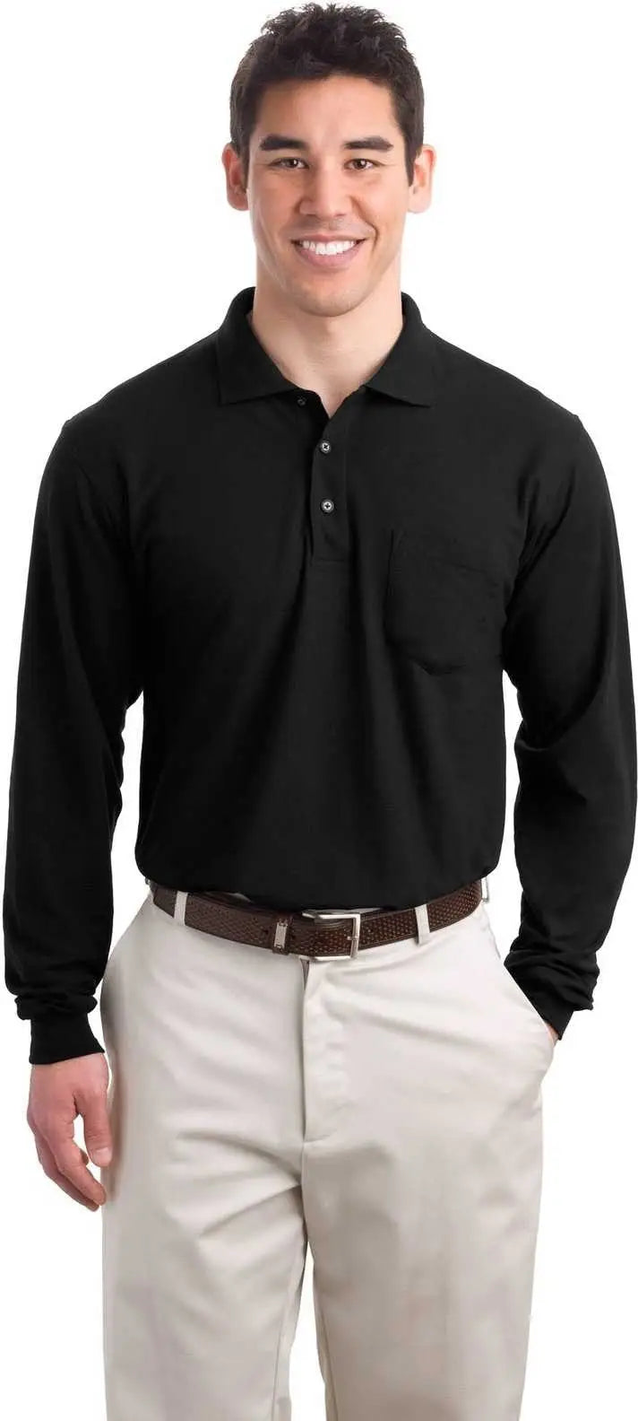 Port Authority K500lsp Long Sleeve Silk Touch Polo with Pocket - Black