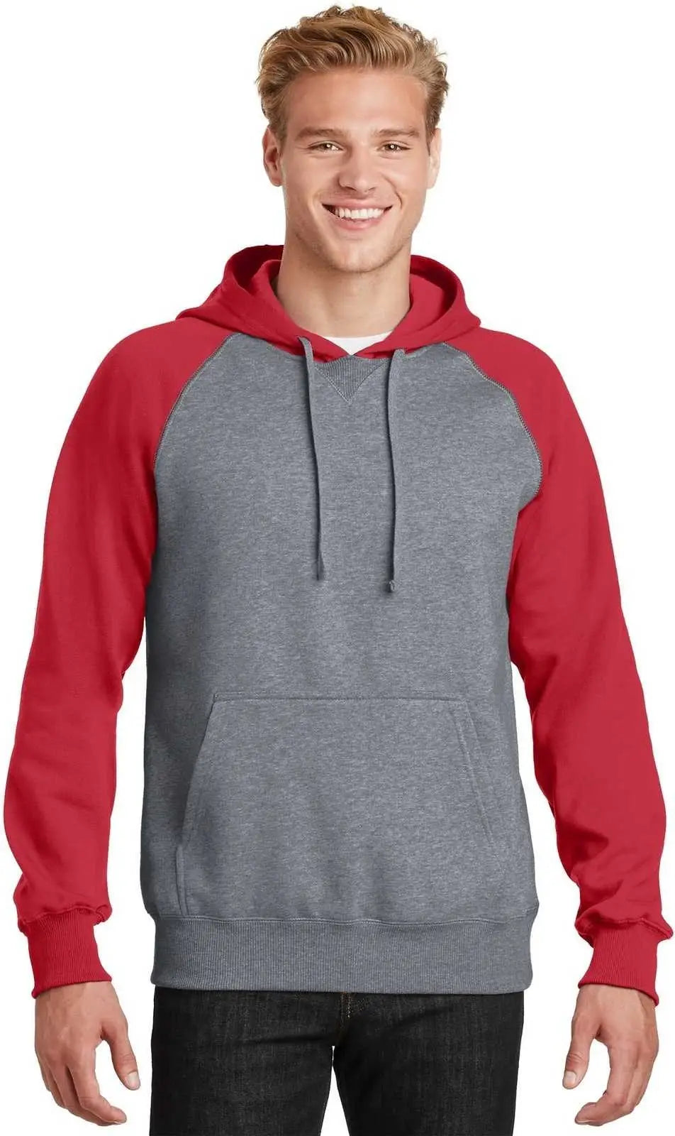 Sport-tek St267 Raglan Colorblock Pullover Hooded Sweatshirt - True Red Vintage Heather
