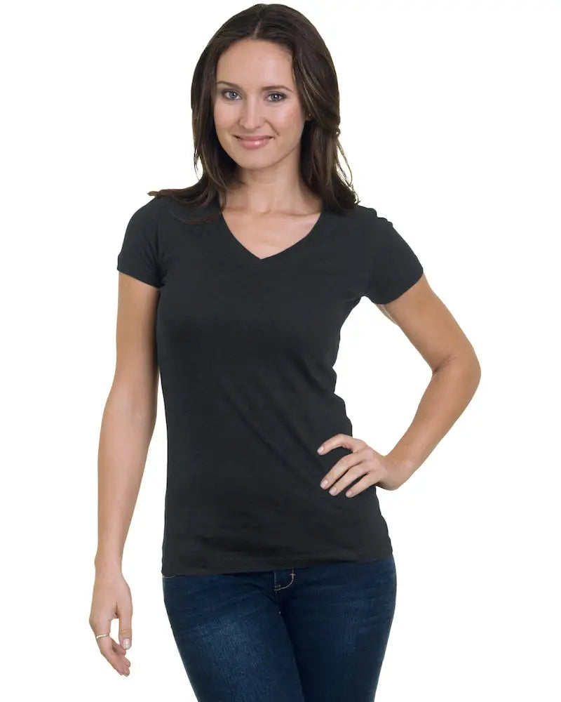 Bayside 3407 Juniors’ Usa-made V-neck T-shirt - Heather Charcoal