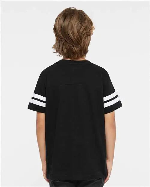 Lat 6137 Youth Football Fine Jersey Tee - Black Solid White