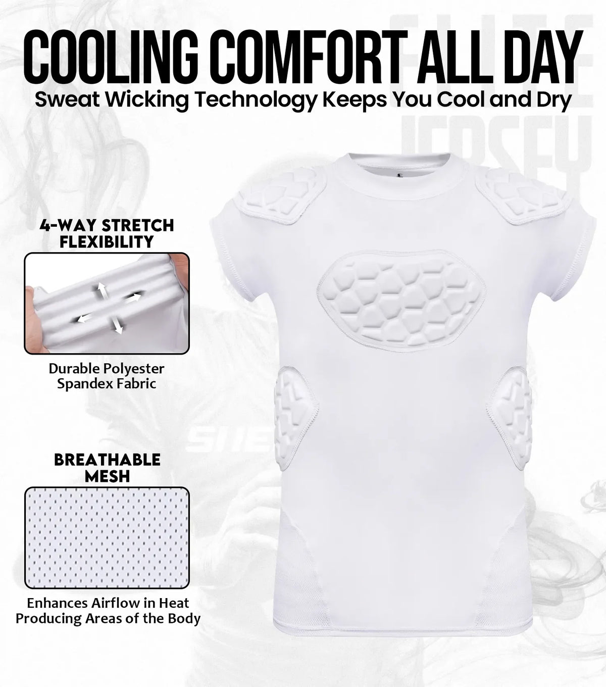 Elite 6-pad Men’s Padded Football Shirt with Chest Shoulder Ribs & Spine Protection White (adult)