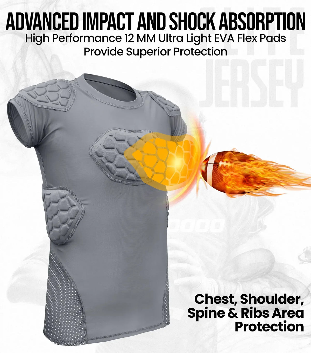 Elite 6-pad Men’s Padded Football Shirt with Chest Shoulder Ribs & Spine Protection Grey (adult)