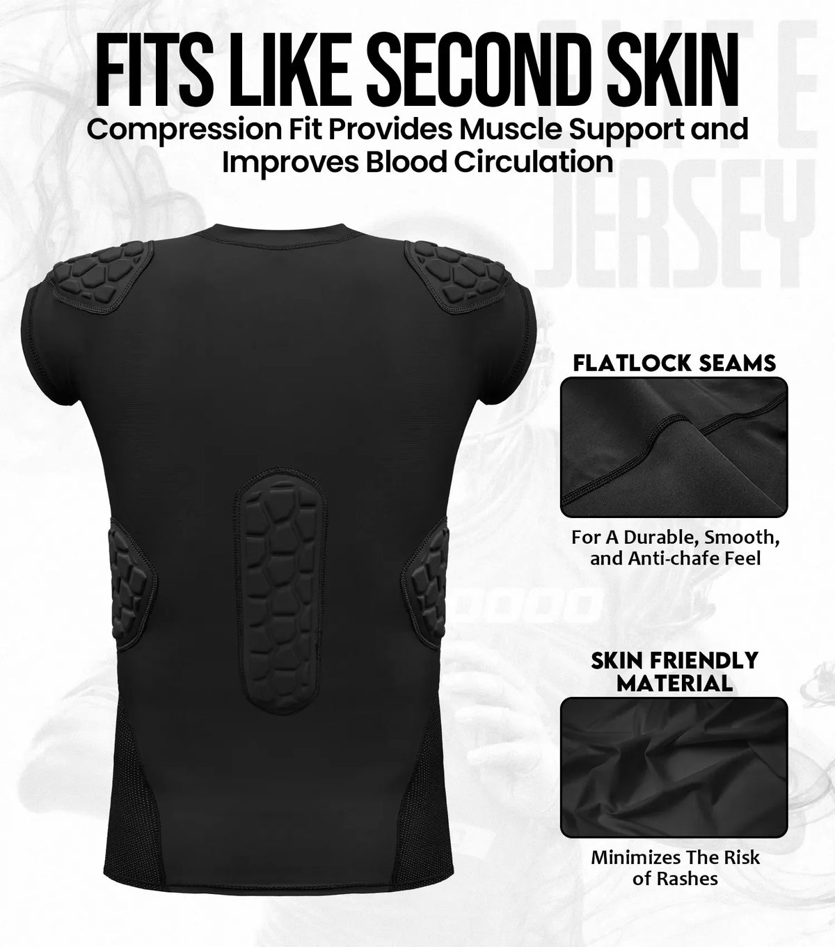 Elite 6-pad Men’s Padded Football Shirt with Chest Shoulder Ribs & Spine Protection Black (adult)