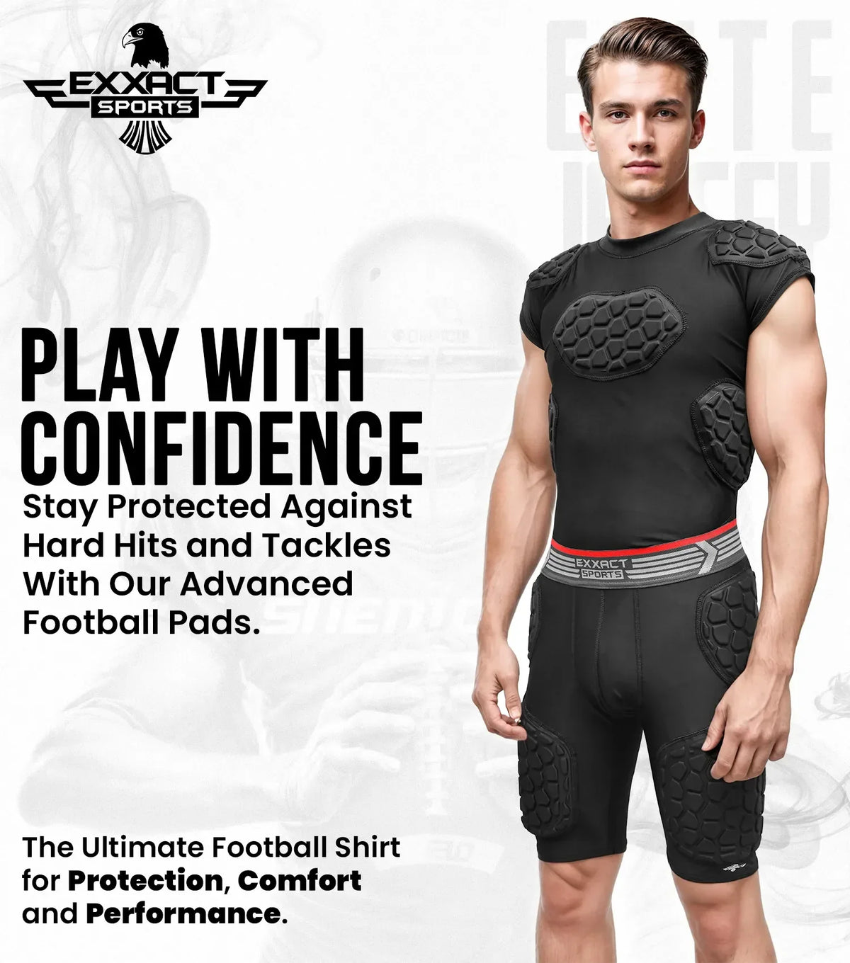 Elite 6-pad Men’s Padded Football Shirt with Chest Shoulder Ribs & Spine Protection White (adult)