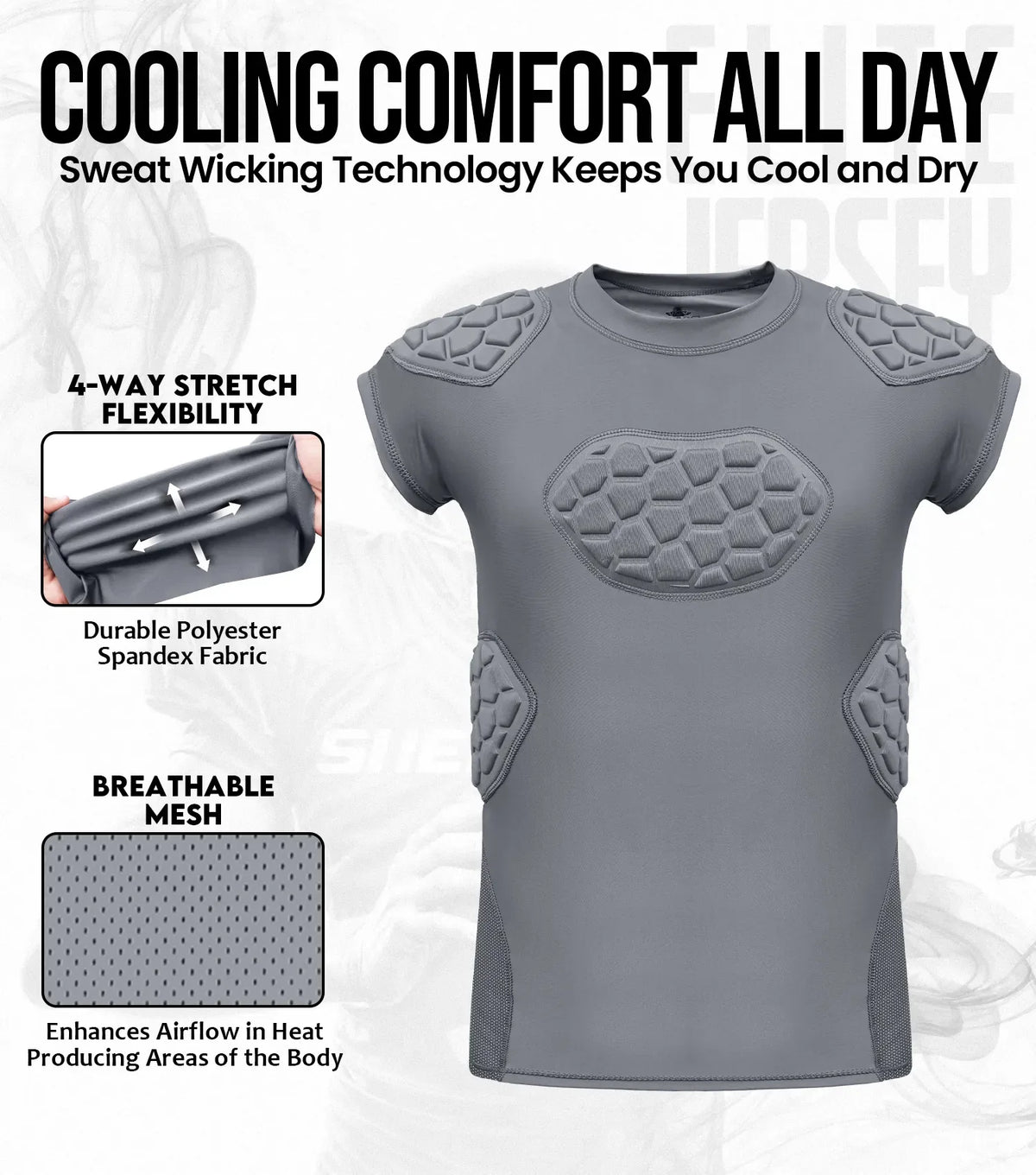 Elite 6-pad Men’s Padded Football Shirt with Chest Shoulder Ribs & Spine Protection Grey (adult)