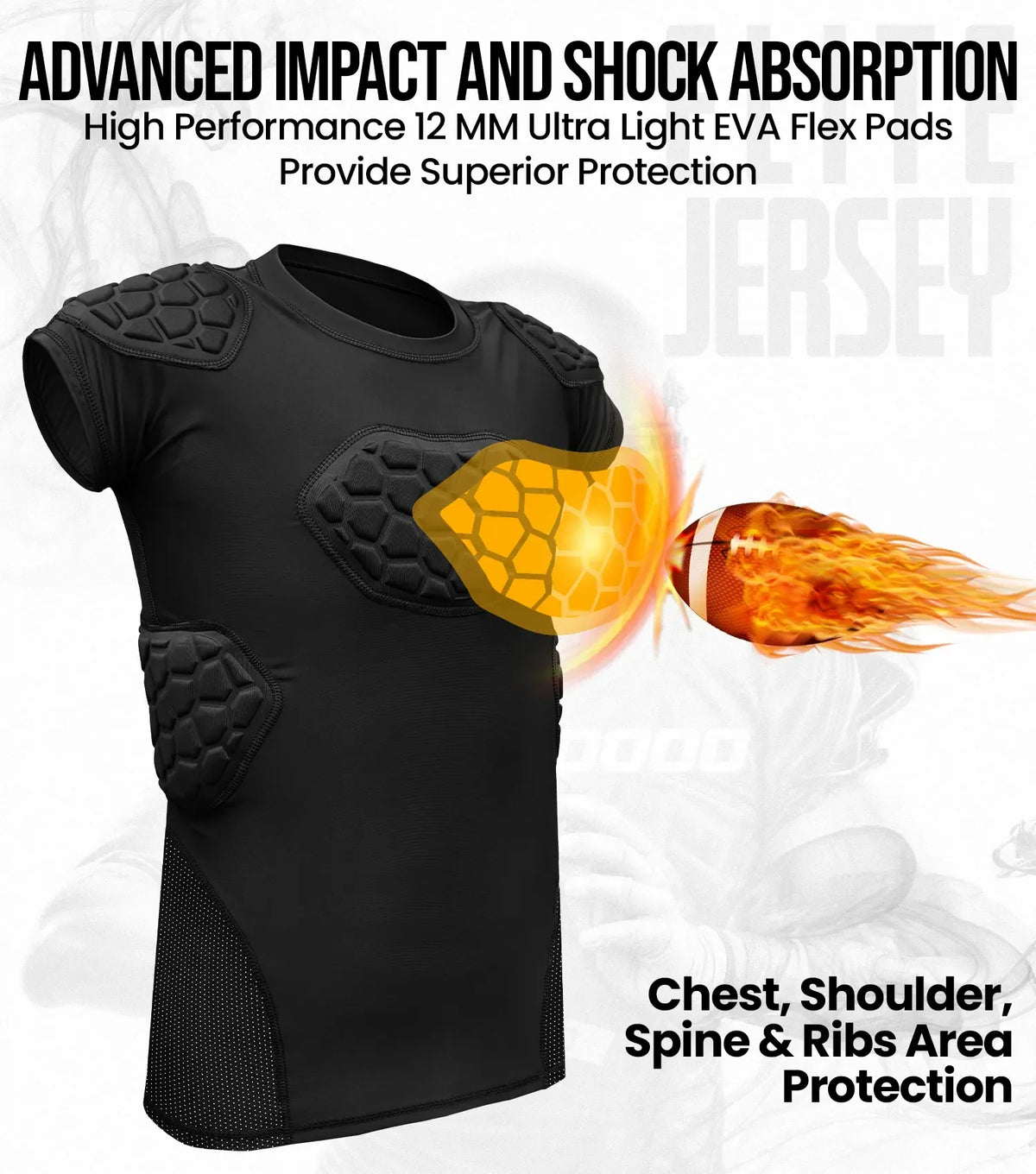Elite 6-pad Men’s Padded Football Shirt with Chest Shoulder Ribs & Spine Protection Black (adult)
