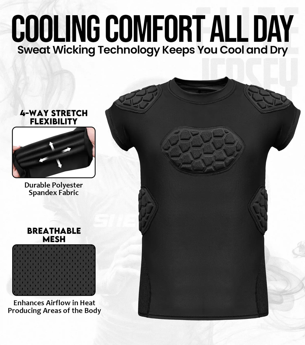 Elite 6-pad Men’s Padded Football Shirt with Chest Shoulder Ribs & Spine Protection Black (adult)