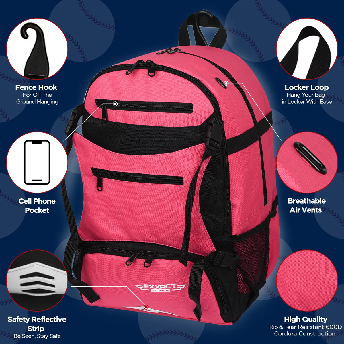 Exxact Sports Baseball Bag with Helmet Holder and Seperate Cleats Compartment - Pink