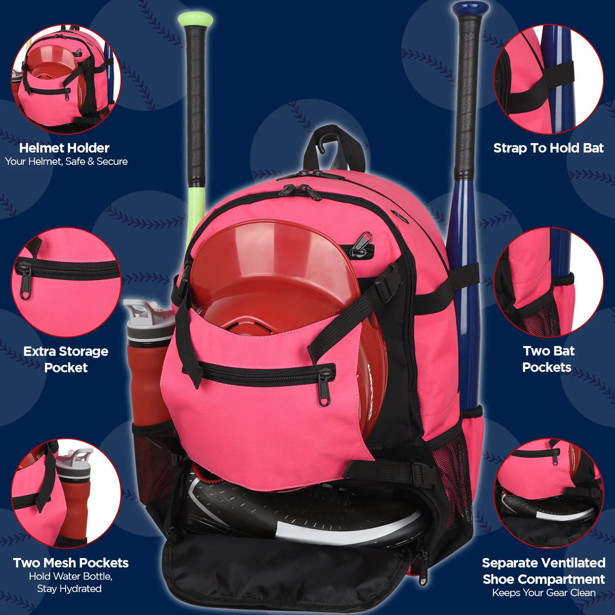 Exxact Sports Baseball Bag with Helmet Holder and Seperate Cleats Compartment - Pink