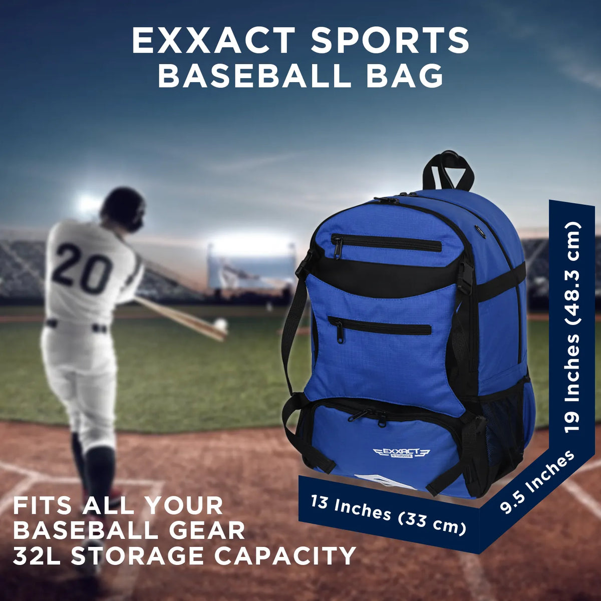 Exxact Sports Baseball Bag with Helmet Holder and Seperate Cleats Compartment - Royal Blue