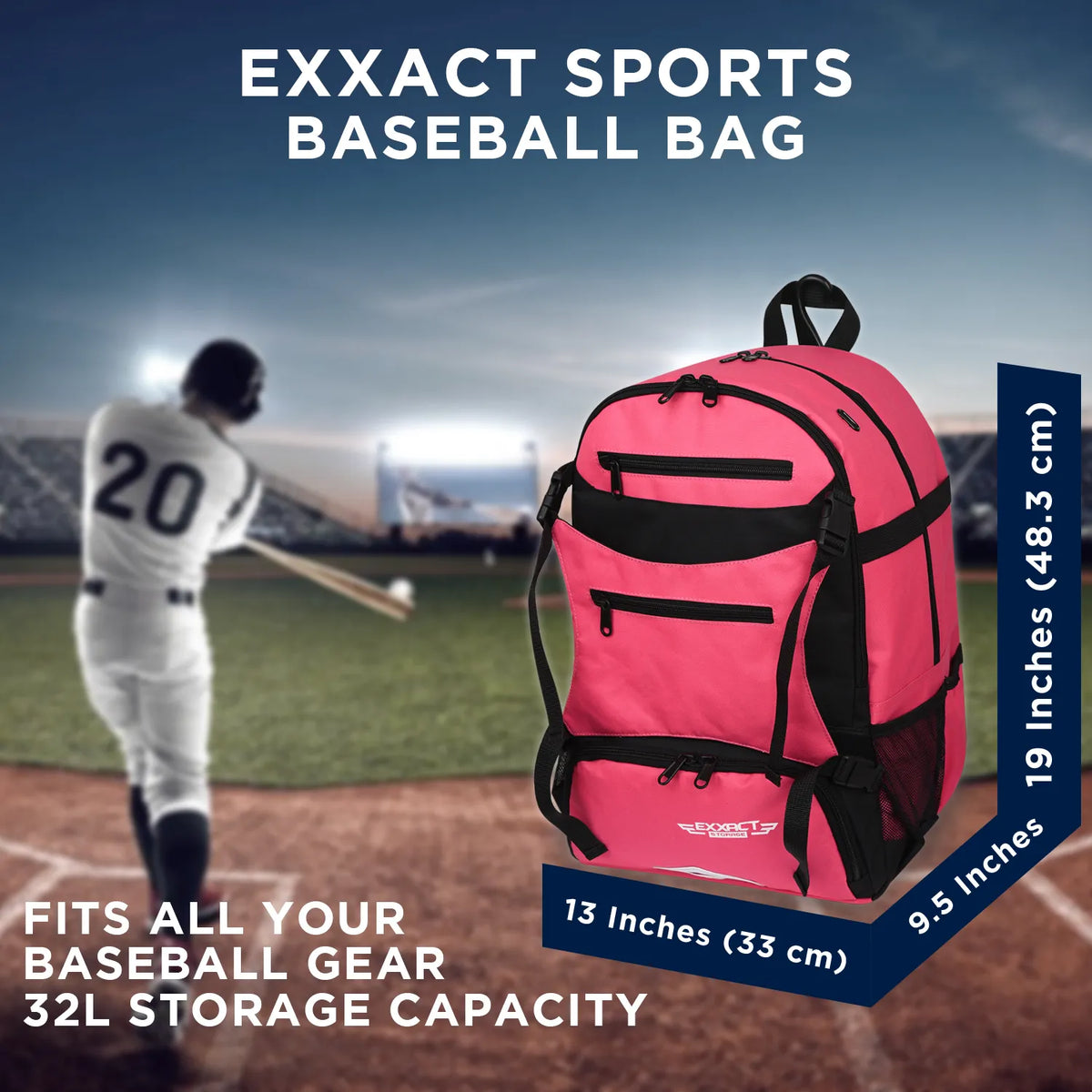 Exxact Sports Baseball Bag with Helmet Holder and Seperate Cleats Compartment - Pink