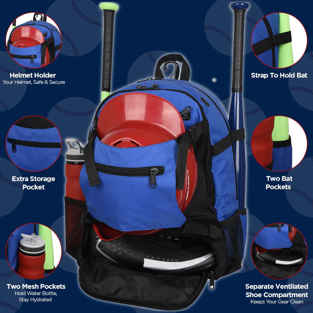 Exxact Sports Baseball Bag with Helmet Holder and Seperate Cleats Compartment - Royal Blue