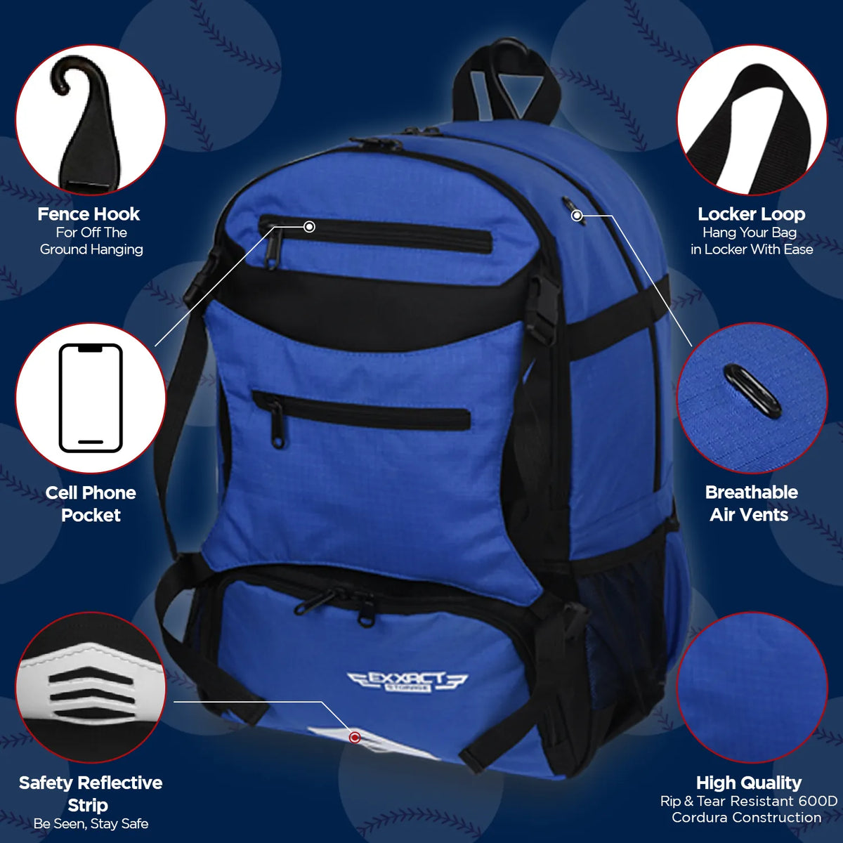Exxact Sports Baseball Bag with Helmet Holder and Seperate Cleats Compartment - Royal Blue