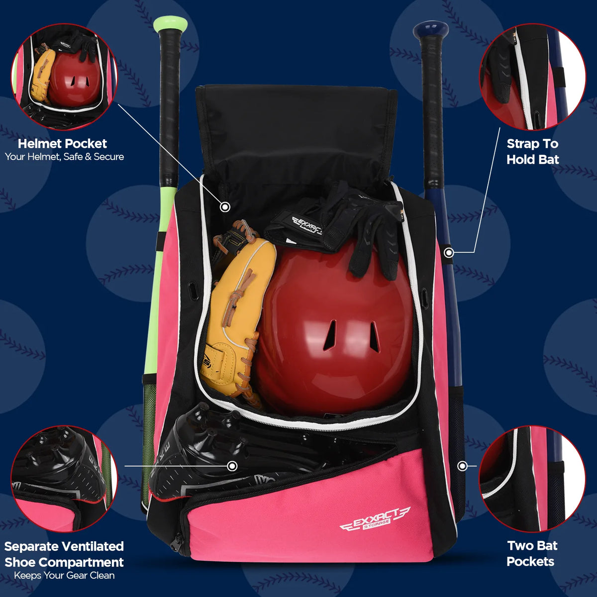 Exxact Sports Baseball Bat Bag with Seperate Cleats Compartment - Pink
