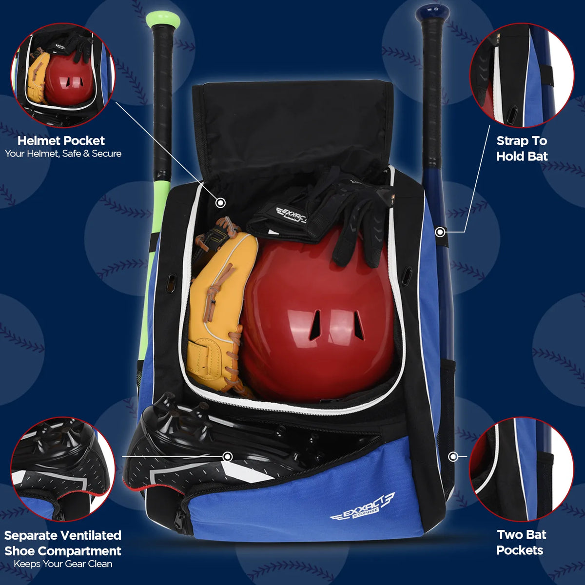 Exxact Sports Baseball Bat Bag with Seperate Cleats Compartment - Royal Blue