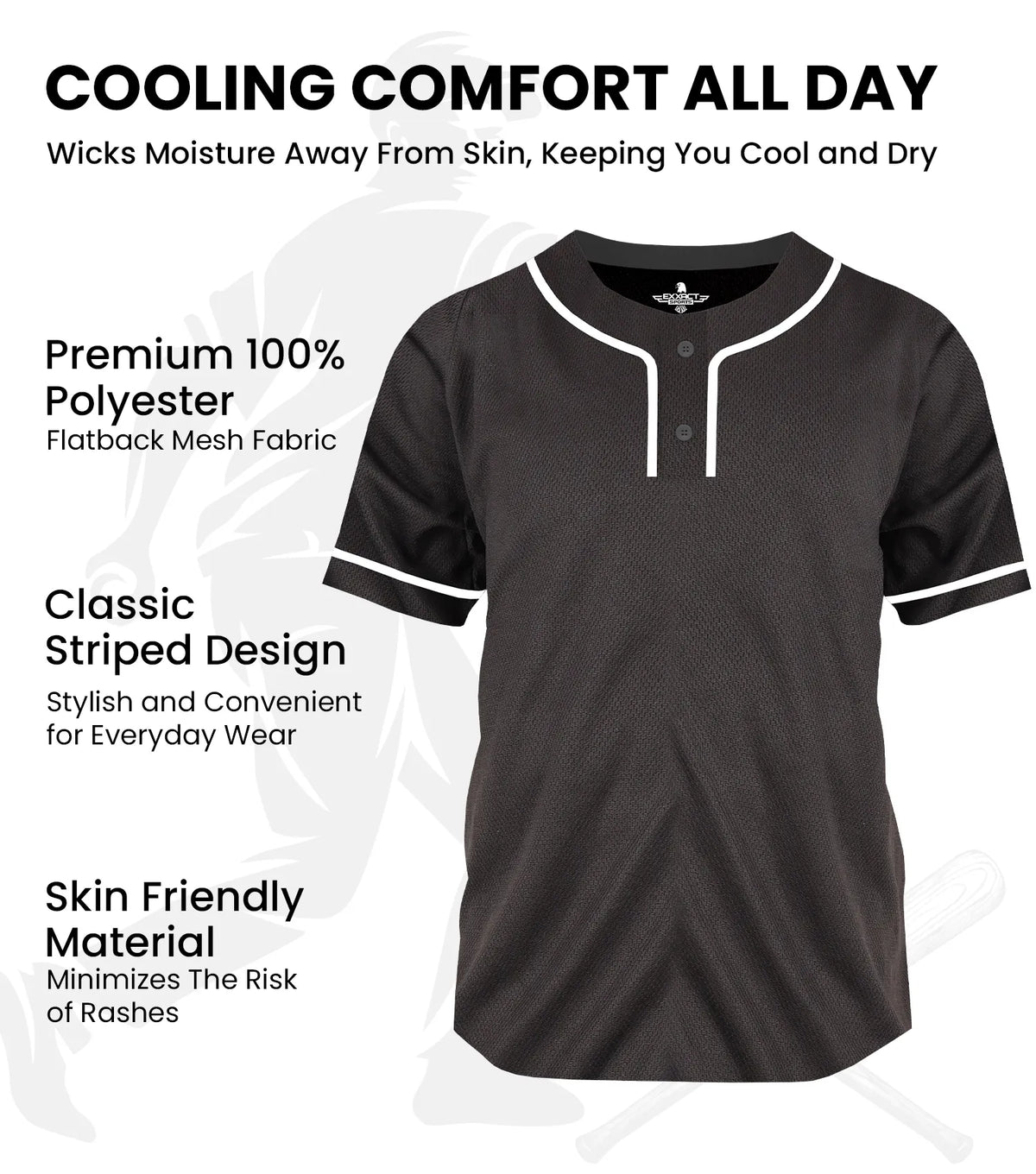 Exxact Sports Baseball Jersey for Men and Women 2-button Plain jersey - Black