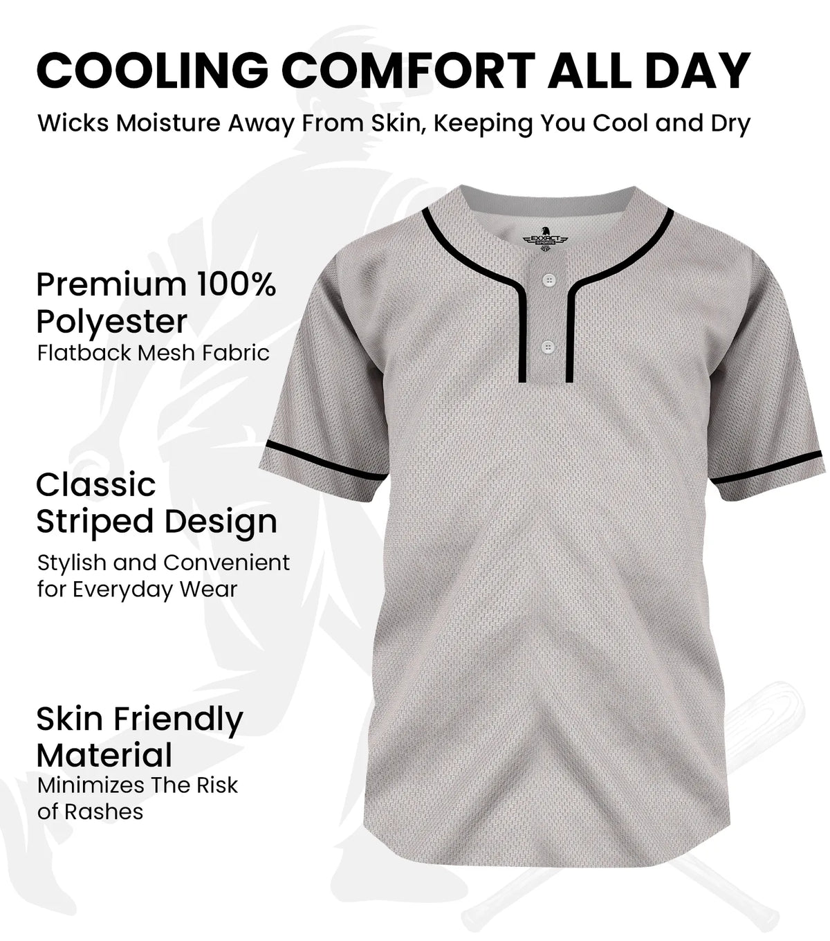 Exxact Sports Baseball Jersey for Men and Women 2-button Plain jersey - Gray