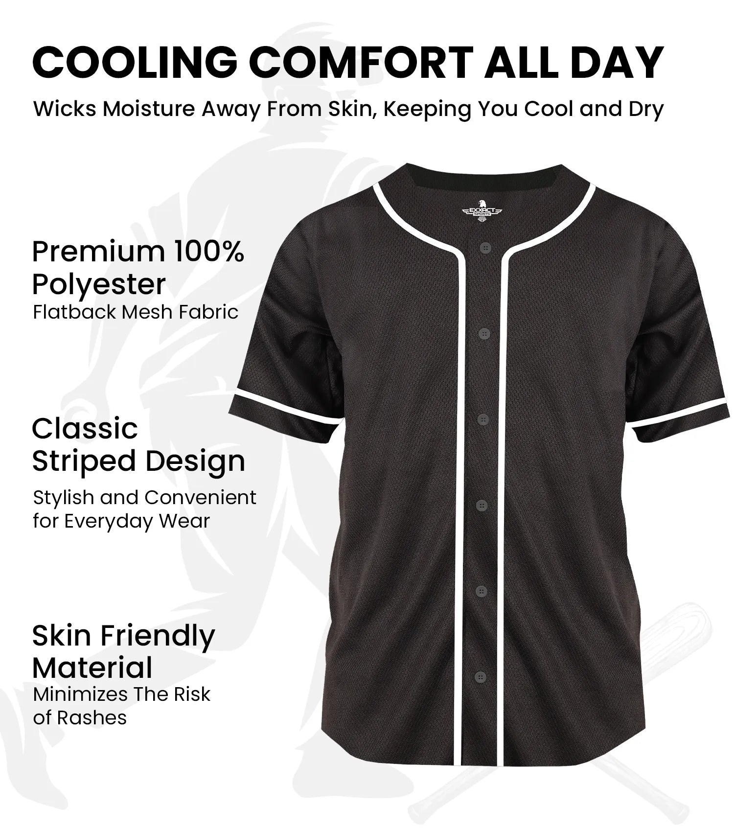 Exxact Sports Baseball Jersey for Men and Women Button Down Plain - Black