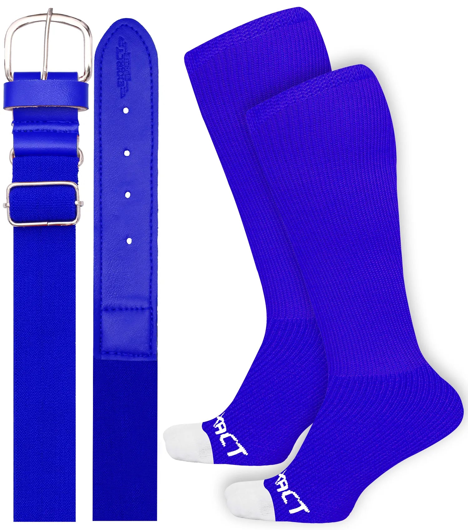 Exxact Sports Baseball Socks and Belt Combo Set for Boys & Girls Adult Youth Sizes - Royal Blue