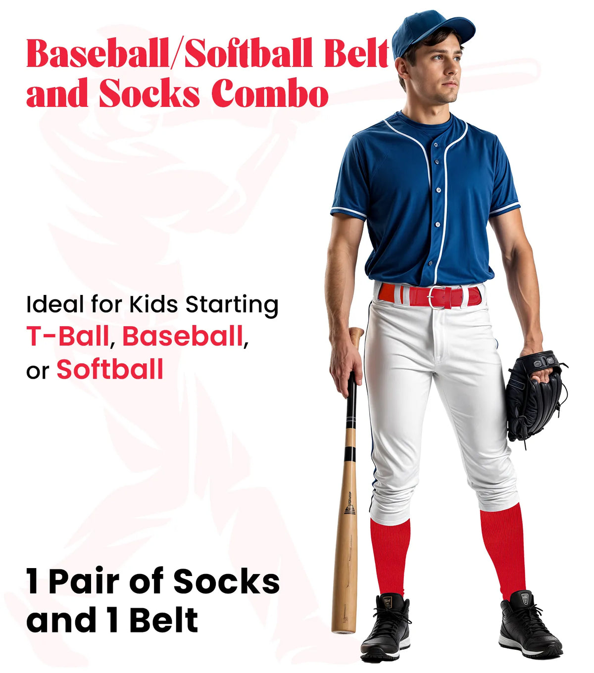 Exxact Sports Baseball Socks and Belt Combo Set for Boys & Girls Adult Youth Sizes - Red
