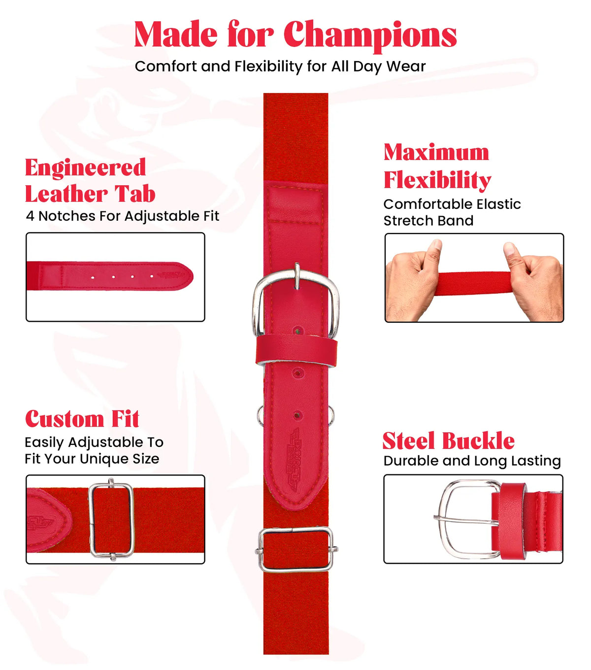 Exxact Sports Baseball Socks and Belt Combo Set for Boys & Girls Adult Youth Sizes - Red