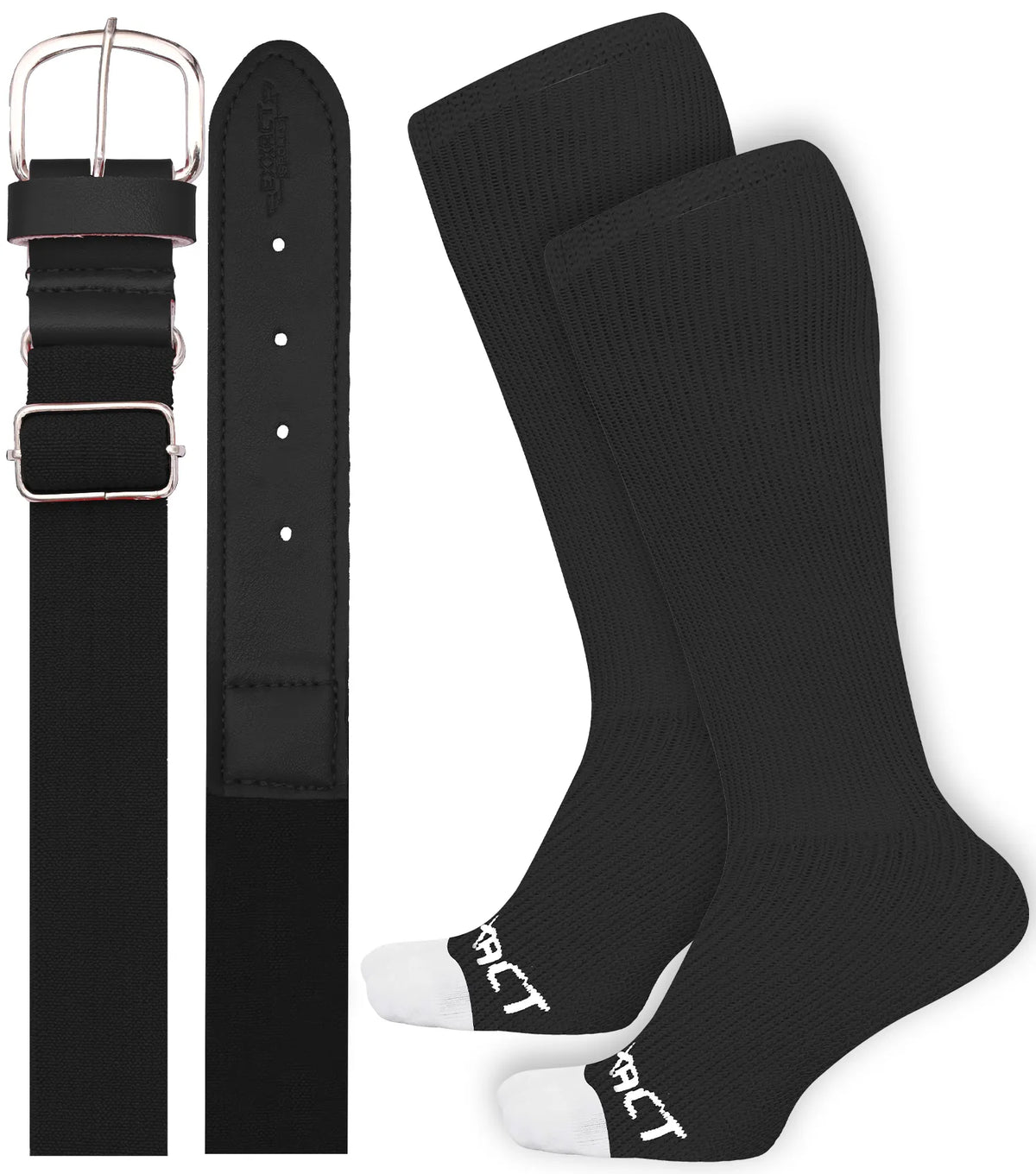 Exxact Sports Baseball Socks and Belt Combo Set for Boys & Girls Adult Youth Sizes - Black