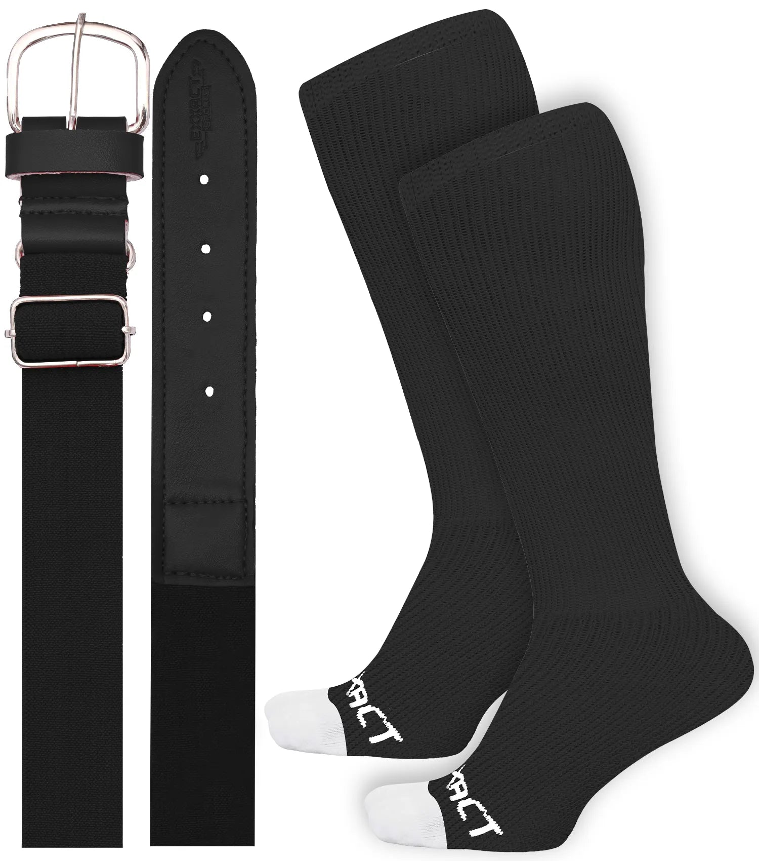 Exxact Sports Baseball Socks and Belt Combo Set for Boys & Girls Adult Youth Sizes - Black