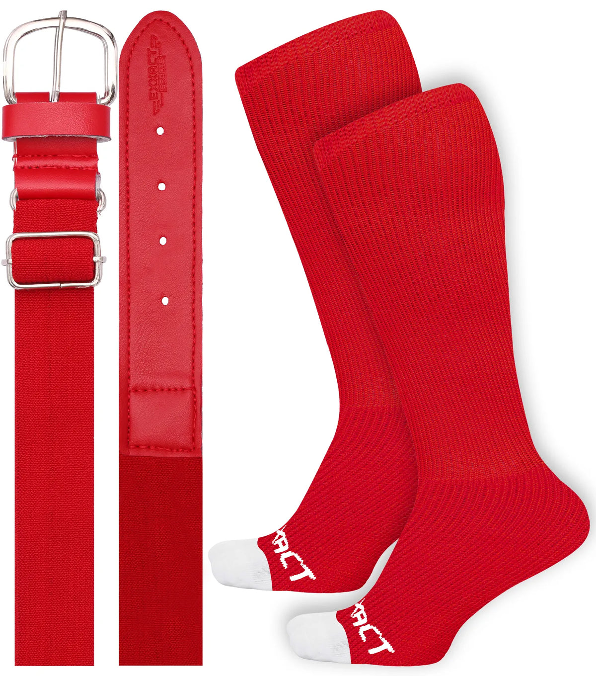 Exxact Sports Baseball Socks and Belt Combo Set for Boys & Girls Adult Youth Sizes - Red