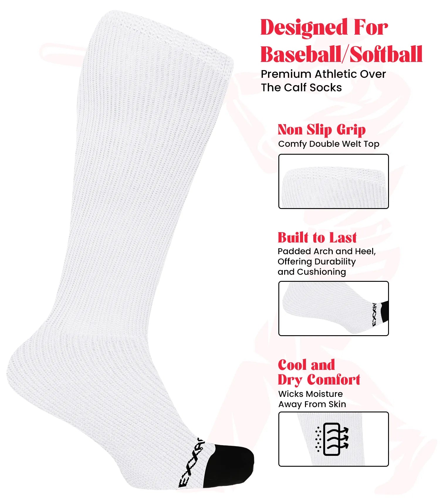 Exxact Sports Baseball Socks and Belt Combo Set for Boys & Girls Adult Youth Sizes - White