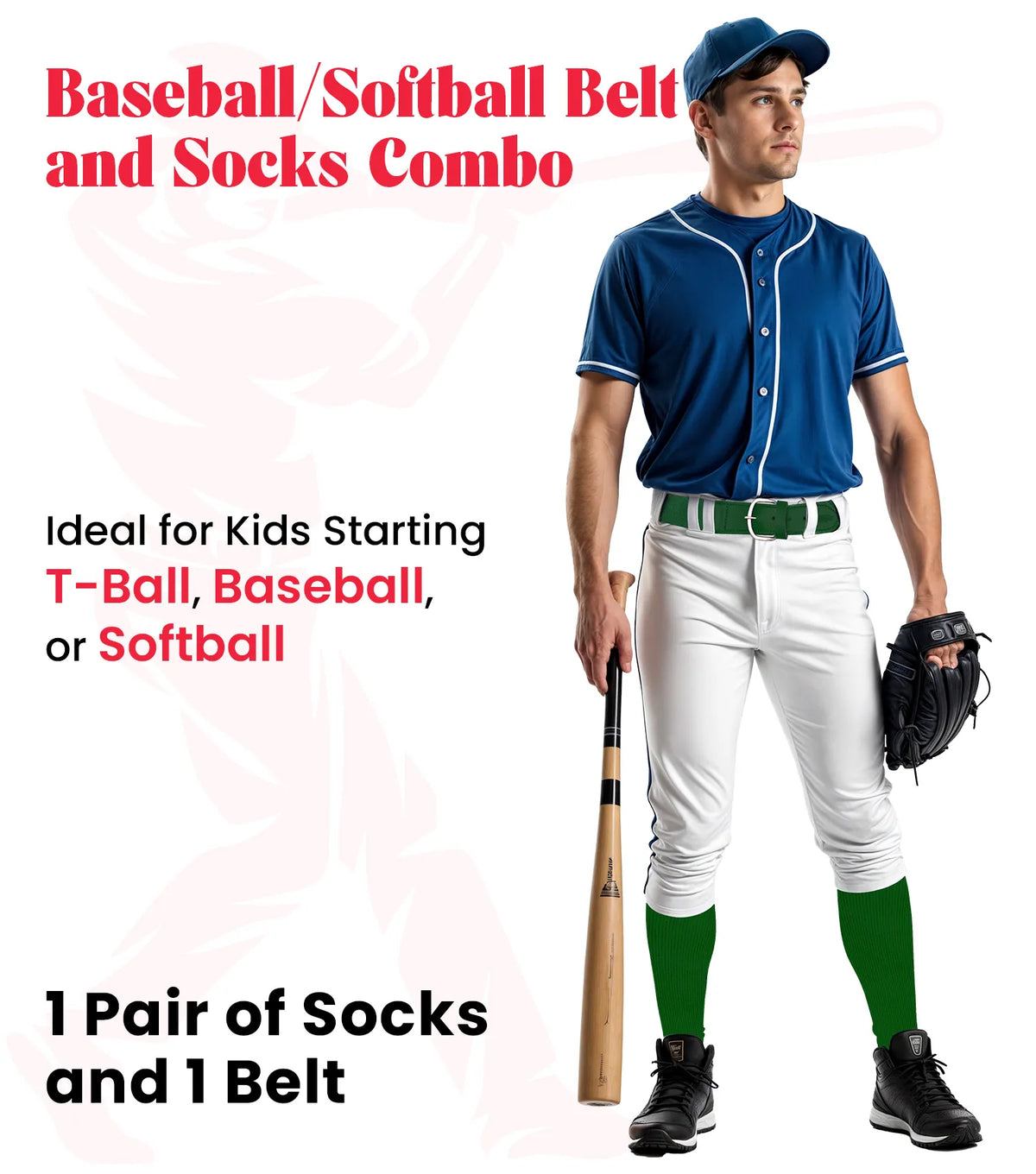 Exxact Sports Baseball Socks and Belt Combo Set for Boys & Girls Adult Youth Sizes - Dark Green