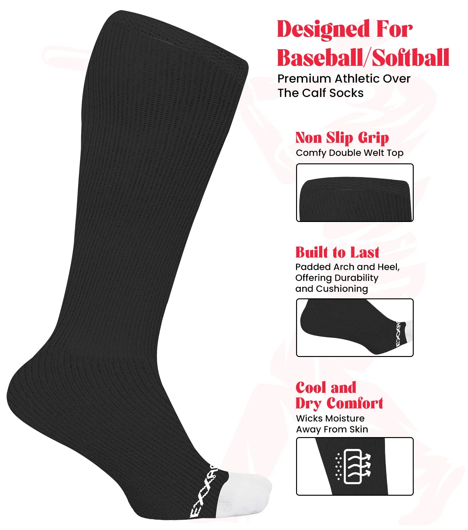 Exxact Sports Baseball Socks and Belt Combo Set for Boys & Girls Adult Youth Sizes - Black