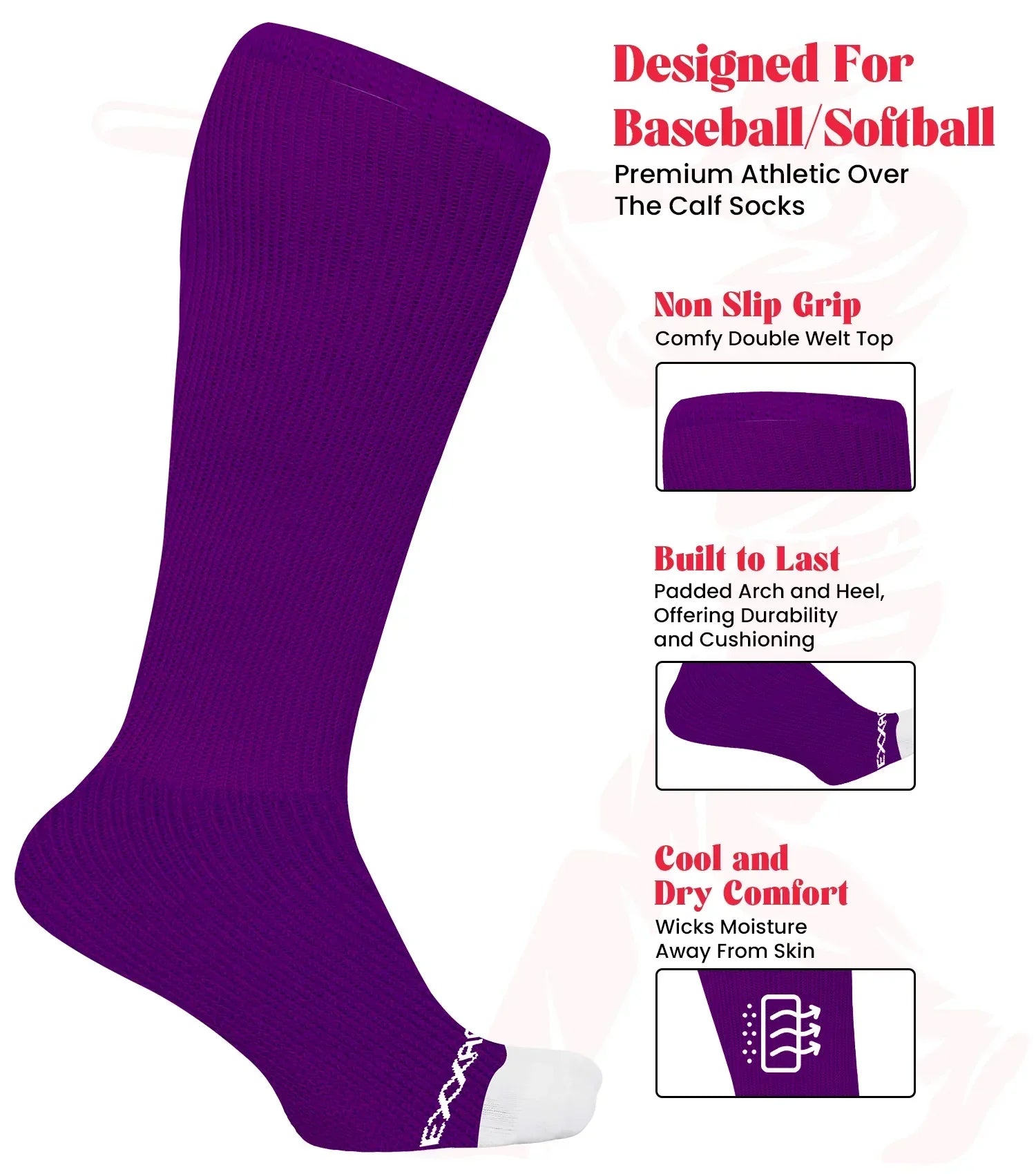 Exxact Sports Baseball Socks and Belt Combo Set for Boys & Girls Adult Youth Sizes - Purple