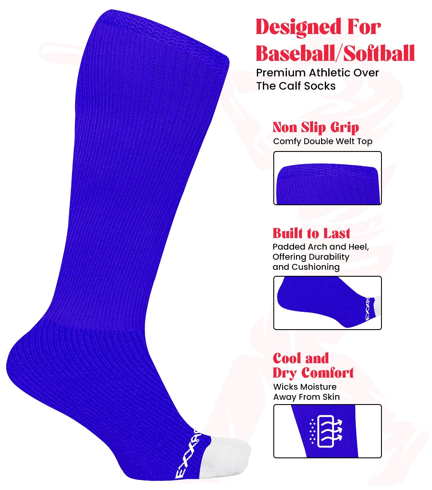 Exxact Sports Baseball Socks and Belt Combo Set for Boys & Girls Adult Youth Sizes - Royal Blue