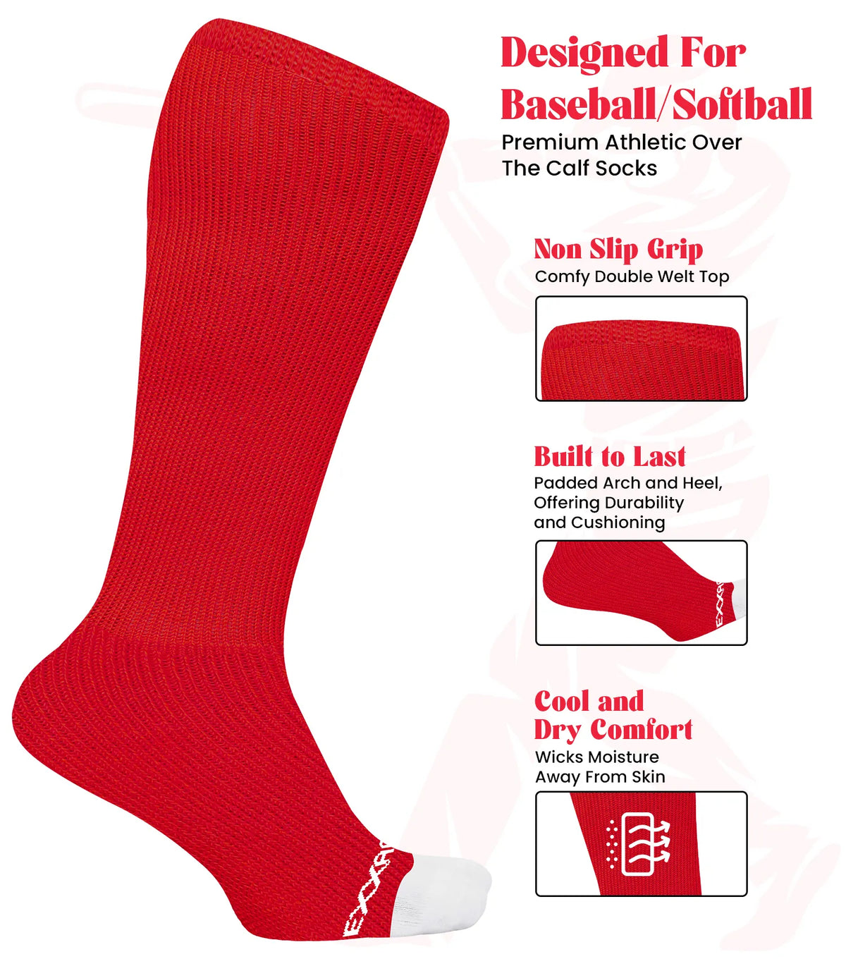Exxact Sports Baseball Socks and Belt Combo Set for Boys & Girls Adult Youth Sizes - Red