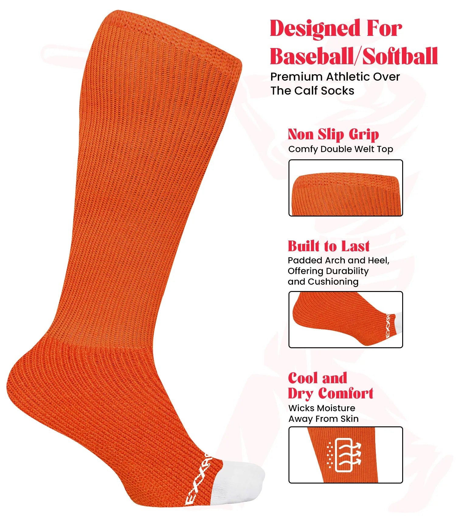 Exxact Sports Baseball Socks and Belt Combo Set for Boys & Girls Adult Youth Sizes - Orange