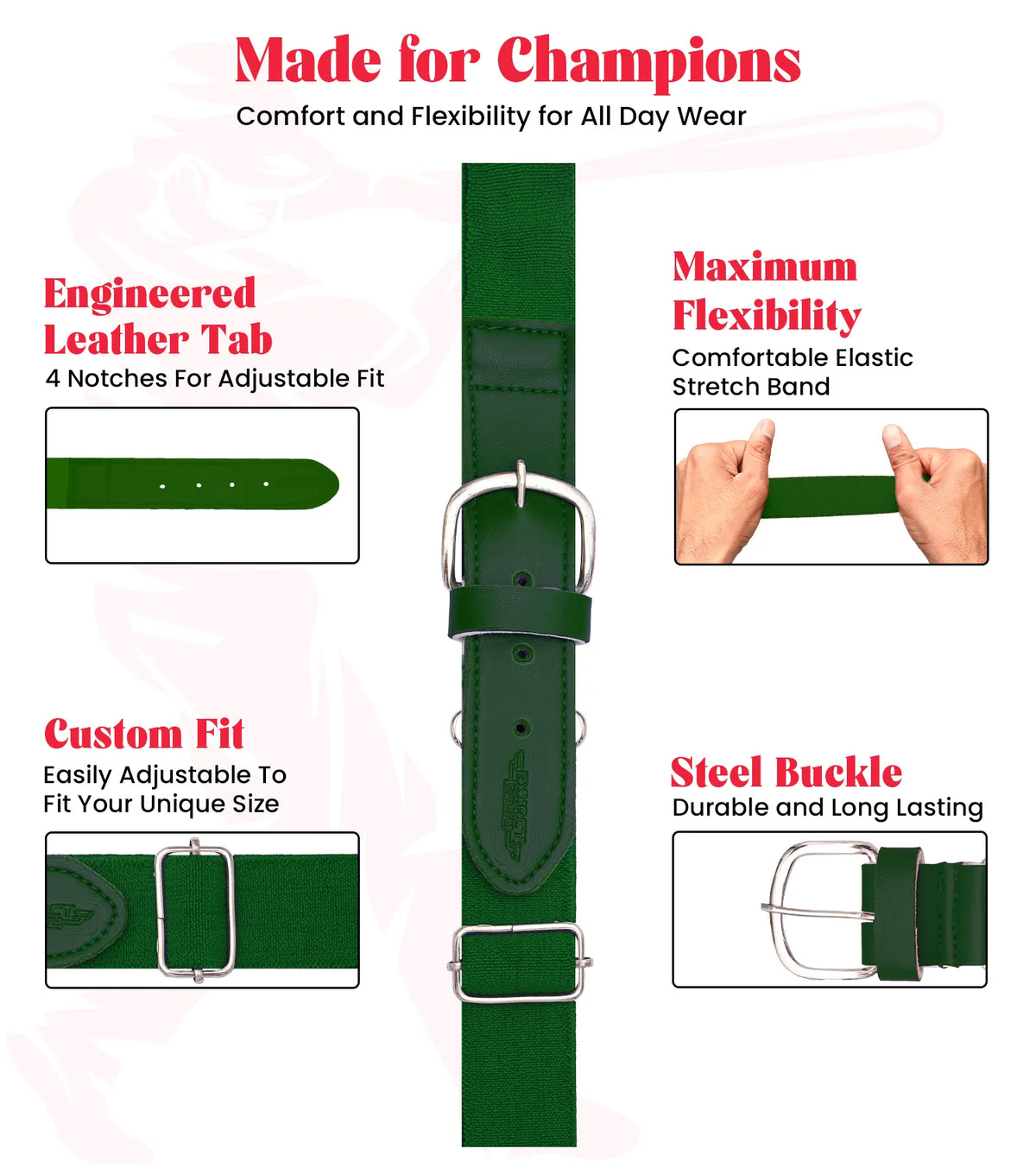 Exxact Sports Baseball Socks and Belt Combo Set for Boys & Girls Adult Youth Sizes - Dark Green