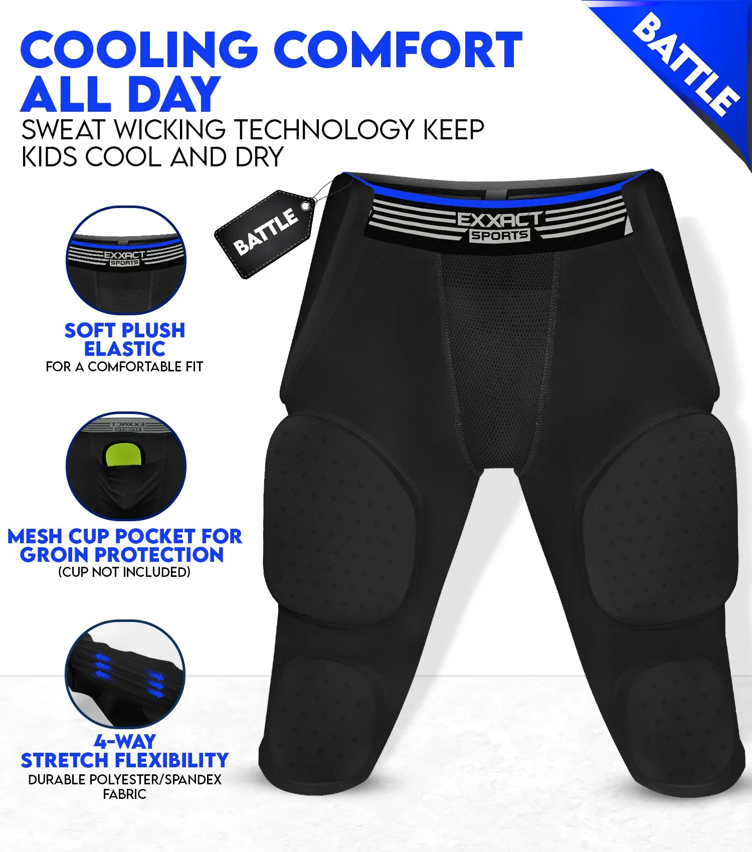Exxact Sports Battle 7- Pad Boys Football Girdle with Cup Pocket Youth - Black