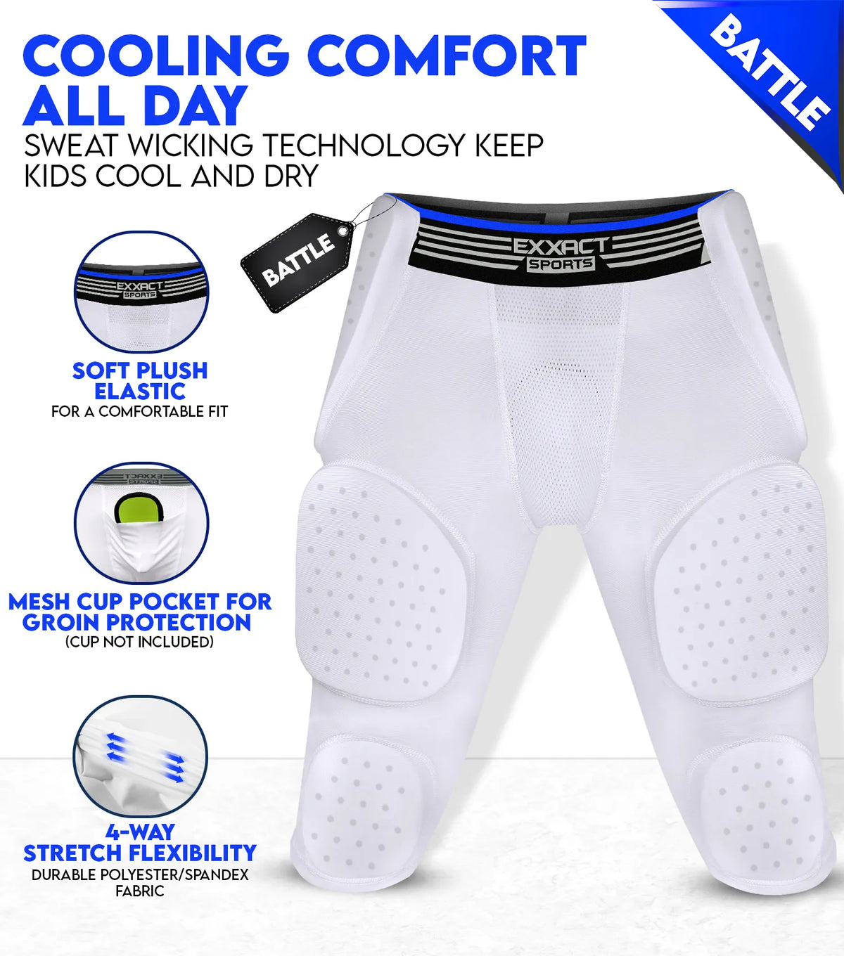 Exxact Sports Battle 7- Pad Boys Football Girdle with Cup Pocket Youth - White