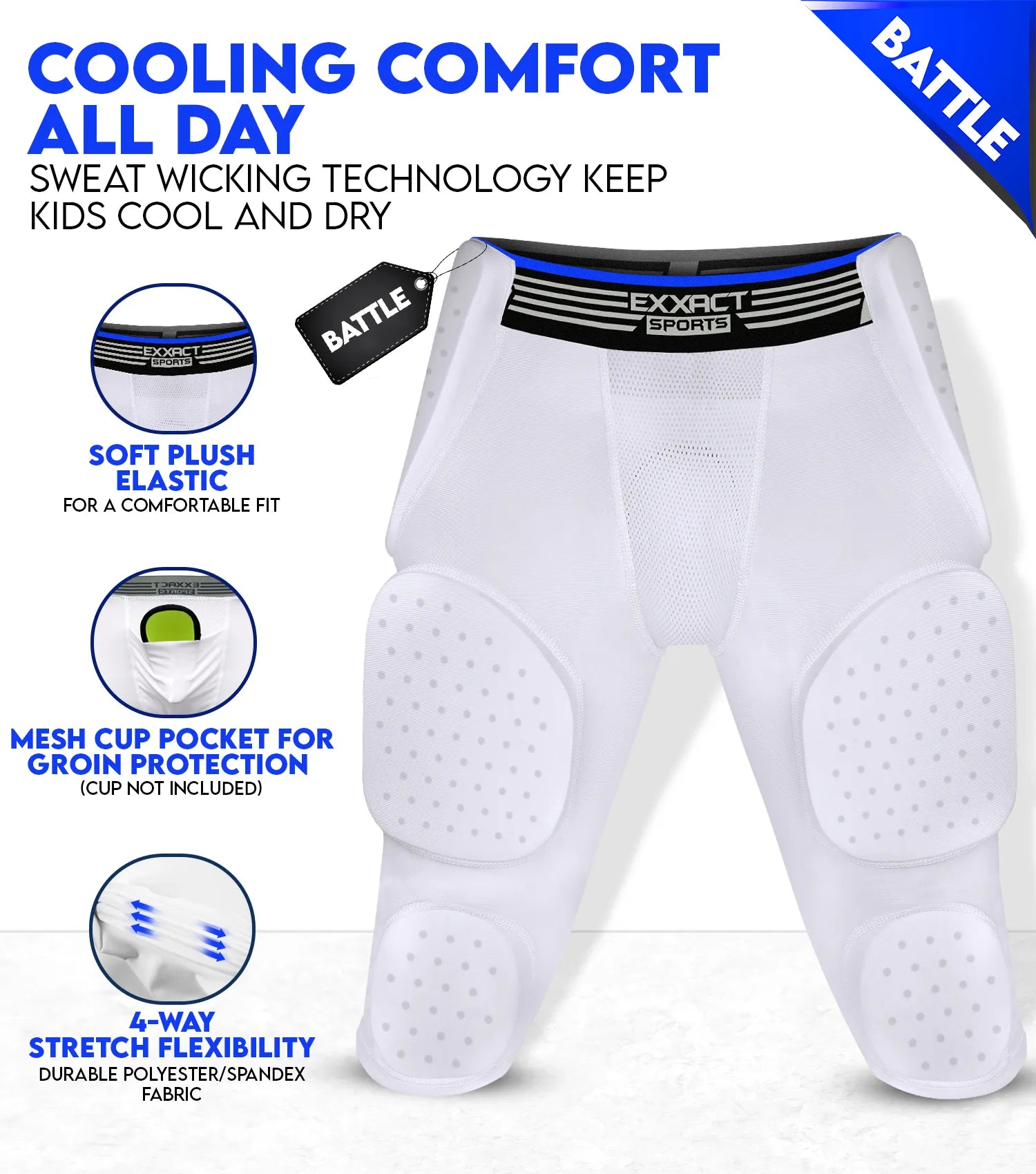 Exxact Sports Battle 7- Pad Boys Football Girdle with Cup Pocket Youth - White