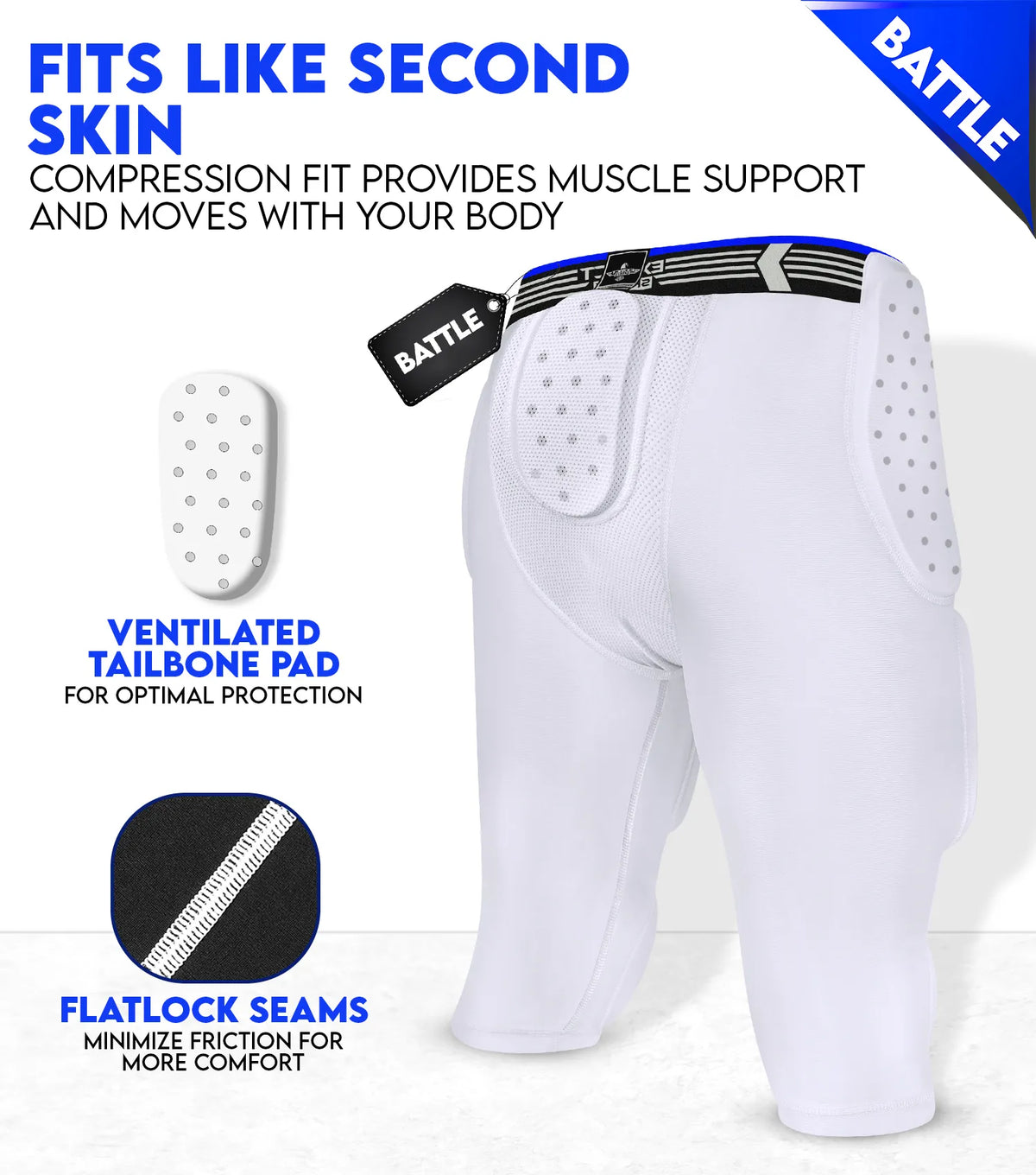 Exxact Sports Battle 7- Pad Boys Football Girdle with Cup Pocket Youth - White