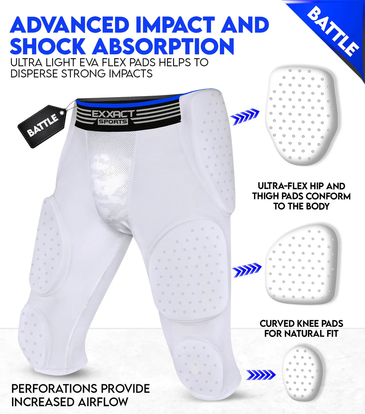 Exxact Sports Battle 7- Pad Boys Football Girdle with Cup Pocket Youth - White