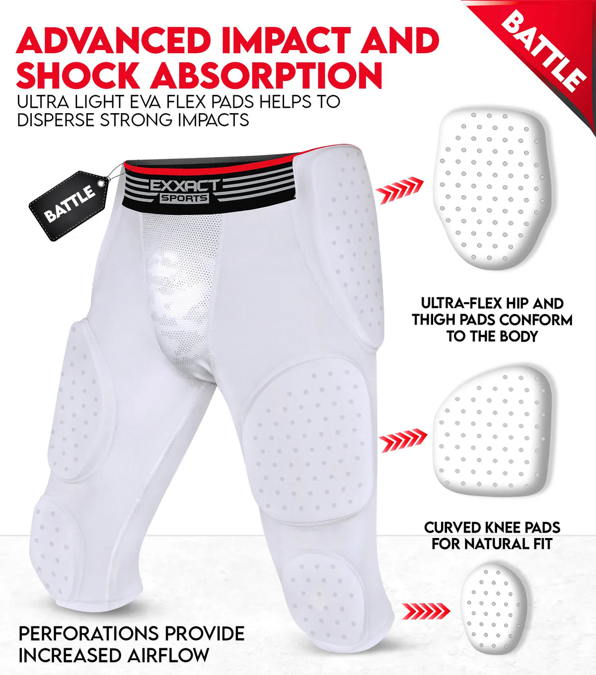Exxact Sports Battle 7-pad Men’s Football Girdle with Cup Pocket Adult - White