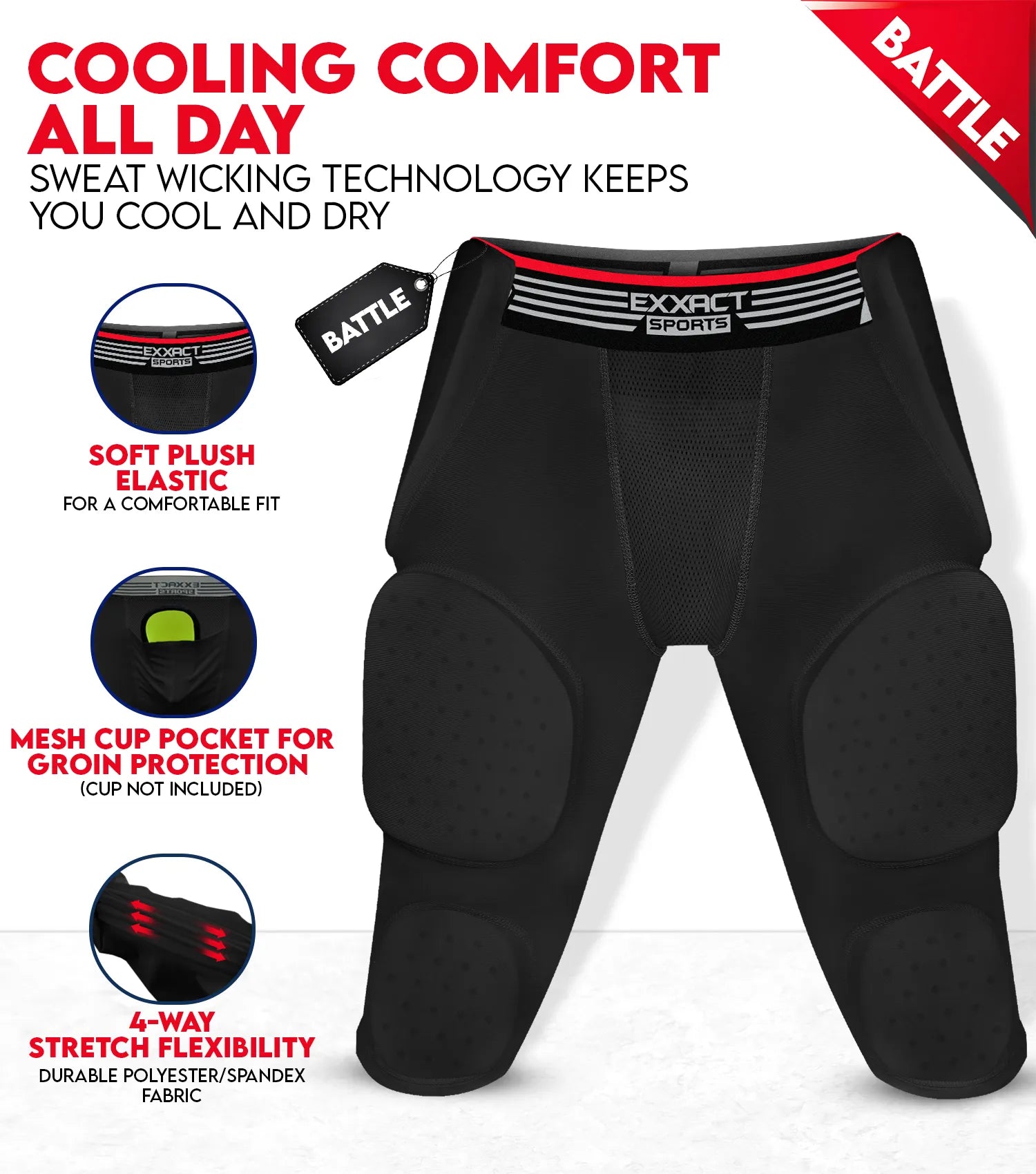 Exxact Sports Battle 7-pad Men’s Football Girdle with Cup Pocket Adult - Black
