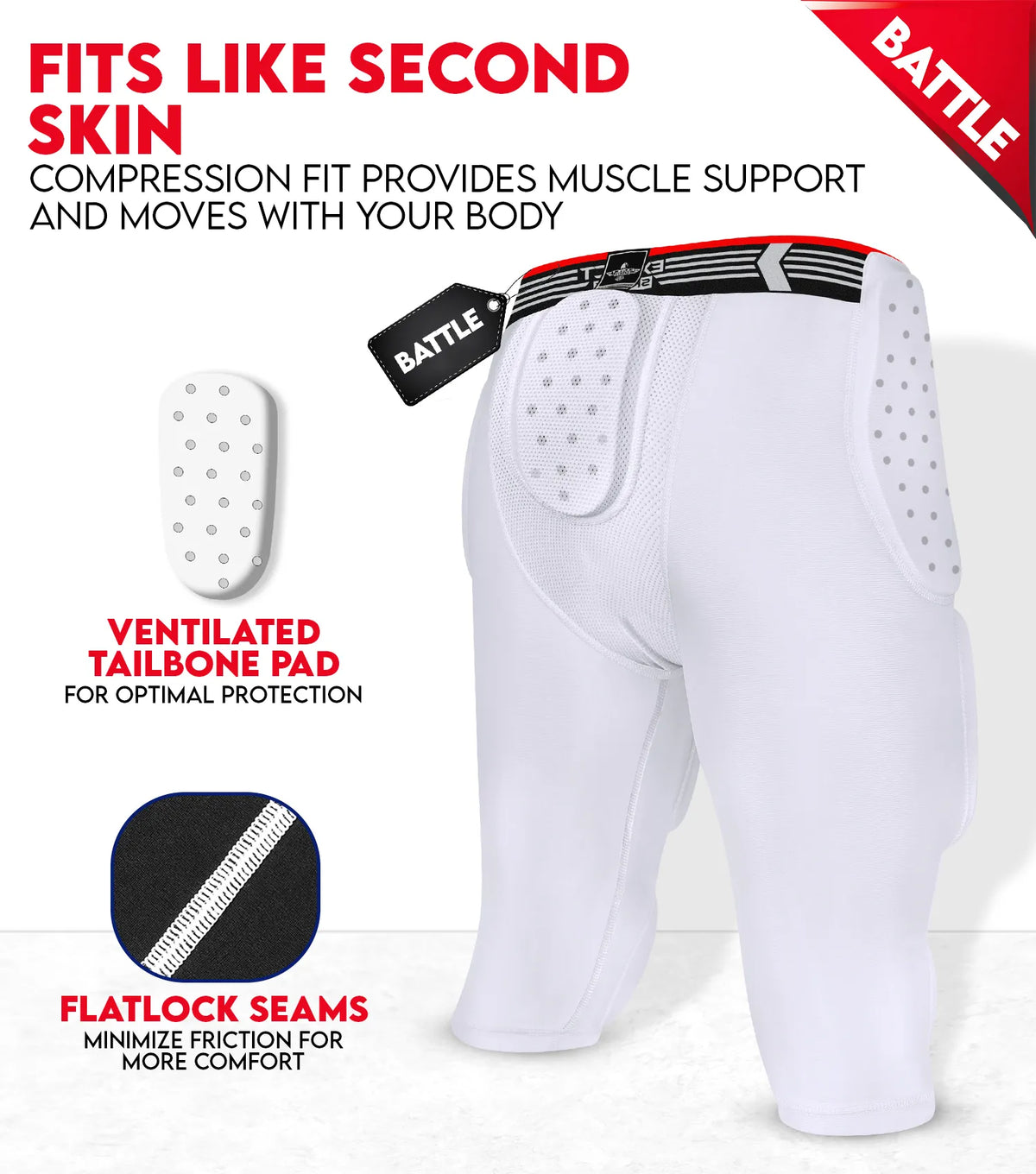 Exxact Sports Battle 7-pad Men’s Football Girdle with Cup Pocket Adult - White