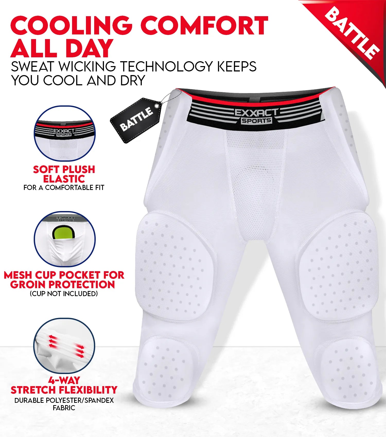 Exxact Sports Battle 7-pad Men’s Football Girdle with Cup Pocket Adult - White