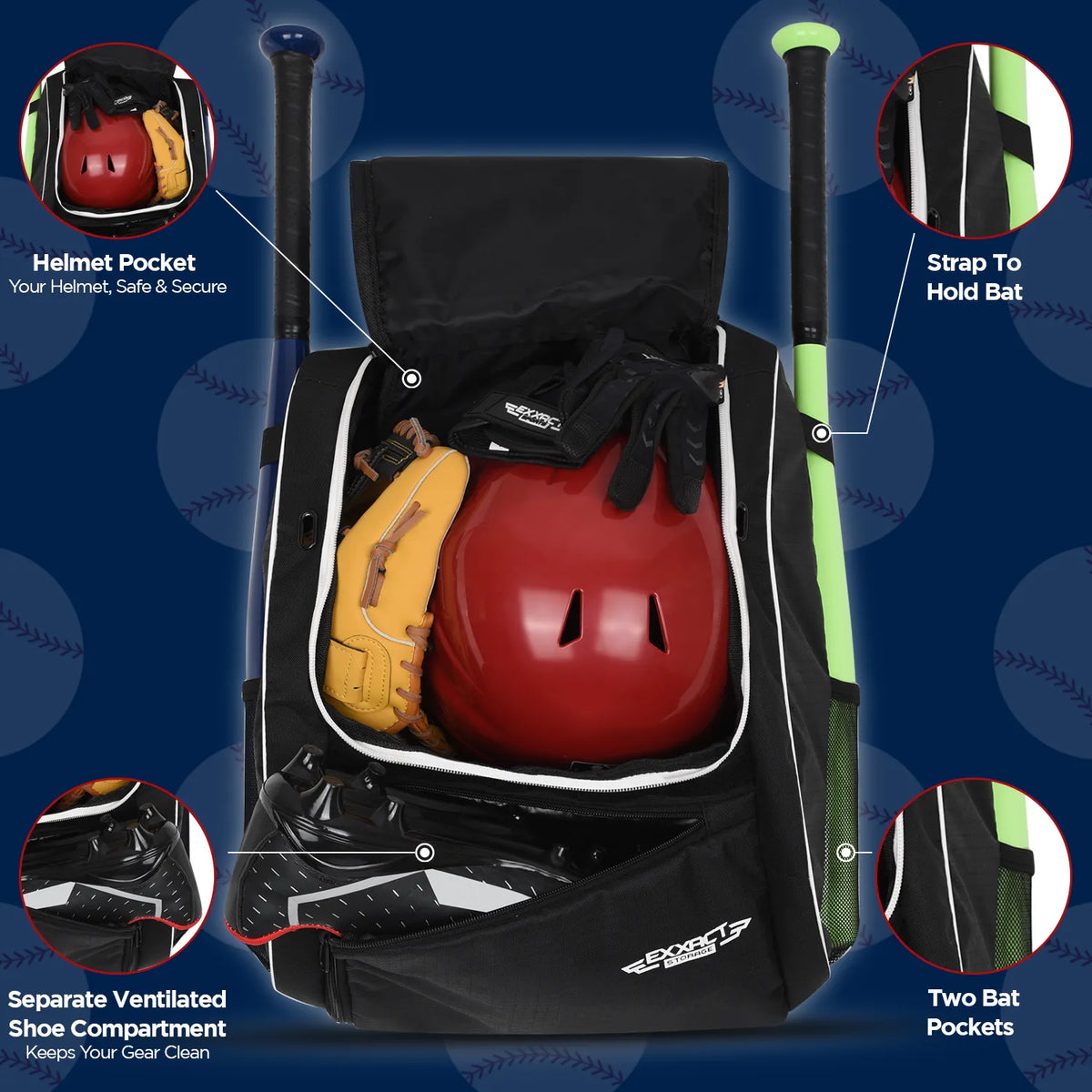 Exxact Sports Black Baseball Bat Bag with Seperate Cleats Compartment