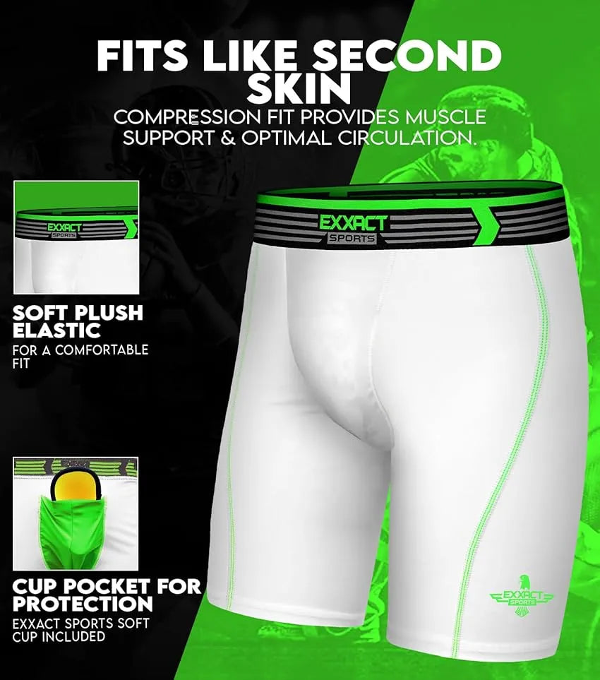 Exxact Sports Boys Compression Shorts with Soft Athletic Cup Youth - White
